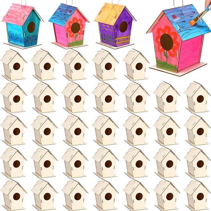 36 Pcs Bulk 6.3'' Wooden Bird Houses Kits for Kids to Build DIY Unfinished Wood Birdhouses to Paint Wood Arts and Crafts Birthday Gifts for Valentines Crafts Class Parties