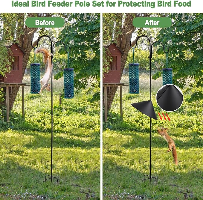 Bird Feeder Pole with Squirrel Baffle, 80" Tall Heave Duty Pole with Double Shepherd Hook 5 Prongs Base for Outdoor Hummingbird Feeders (No Bird Feeder)