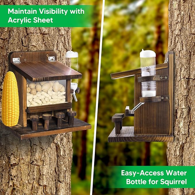 Squirrel Feeders for Outside, Wooden Squirrel Feeder Squirrel Houses for Outdoors Squirrel Picnic Table Feeder with Water Feeder for Peanuts Nuts Corn Cobs Holder