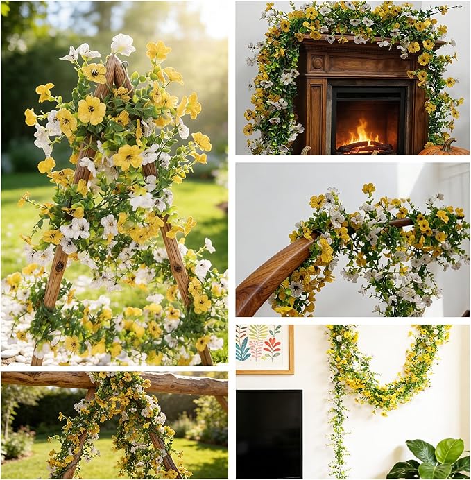 4 Pcs Faux Flowers Garland Plant, Artificial Vines Hanging Flowers Leaves Greenery Garland for Wedding Backdrop Arch Wall Decor, 6 Feet/pcs UV Resistant Indoor Outdoor