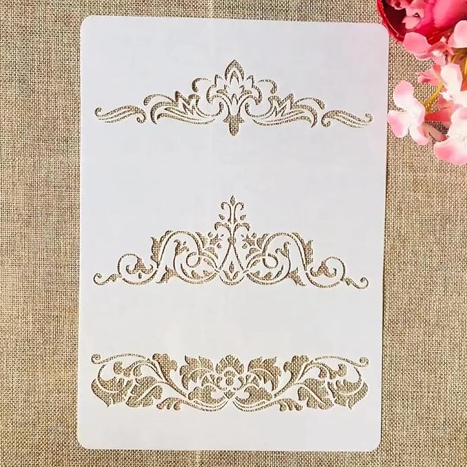 TIAMECH A4 Reusable Border Edge Flower Stencil for Painting - Furniture Lines Layering Template, DIY Wall Art, Wood Furniture, Scrapbook & Crafts (8.3x11.7inch)