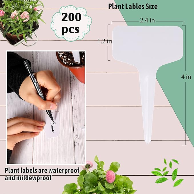 Plant Labels 200Pcs 4 InchT-Type Plant Name Tags Garden Seed Labels Markers Plastic Tag for Outdoor Waterproof Plant Label Stakes with Permanent Marking Pen