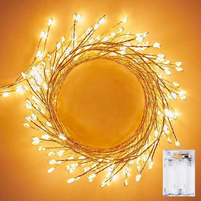 2 Pack 10 Ft Battery Operated Fairy Lights, 120LEDs Firecracker String Lights, Silver Wire Starry Firefly Light for Bedroom Home Weeding DIY Wreath Indoor Outdoor Christmas Decorations, Warm White