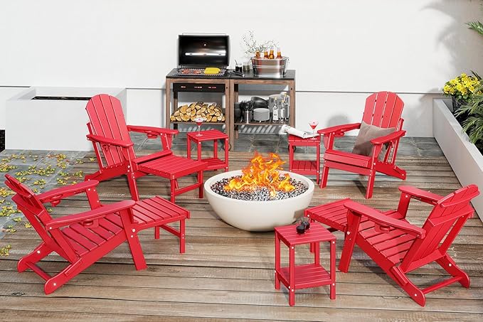 GREENVINES Adjustable Adirondack Chair with Retractable Ottoman Set of 4 | Folding | HDPE Plastic | Fire Pit Chairs w/Foot Rest | 2 Cup Holders | Red | for Outdoor Patio Poolside Deck