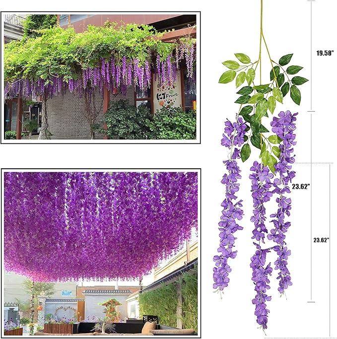 Artificial Wisteria Hanging Flowers Fake Wisteria Flower Garland Silk Vines Rattan Decor for Home Wedding Arch Wall Garden Greenery Bedroom Outdoor Office Party Decoration (24, Light Purple)