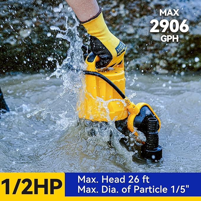 Acquaer Sump Pump Submersible Water Pump for Water Removal in Hot Tubs, Pools, Basements, and Garden Ponds, 1/2HP 2906GPH Float Switch