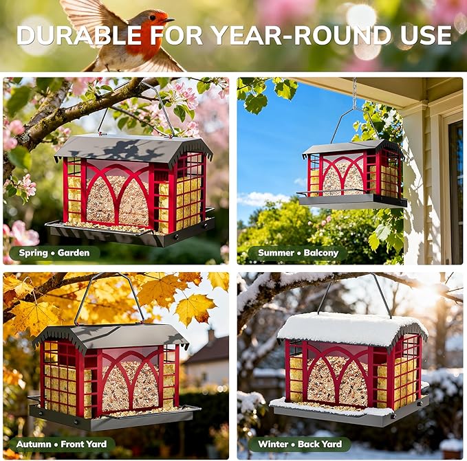 Bird Feeders for Outdoors Hanging, Metal Bird Feeder with Double Suet Cage Weatherproof Metal Roof, 3.5Lbs Large Capacity Great for Attracting Finch Cardinal Chickadee Wild Birds, Berry Red