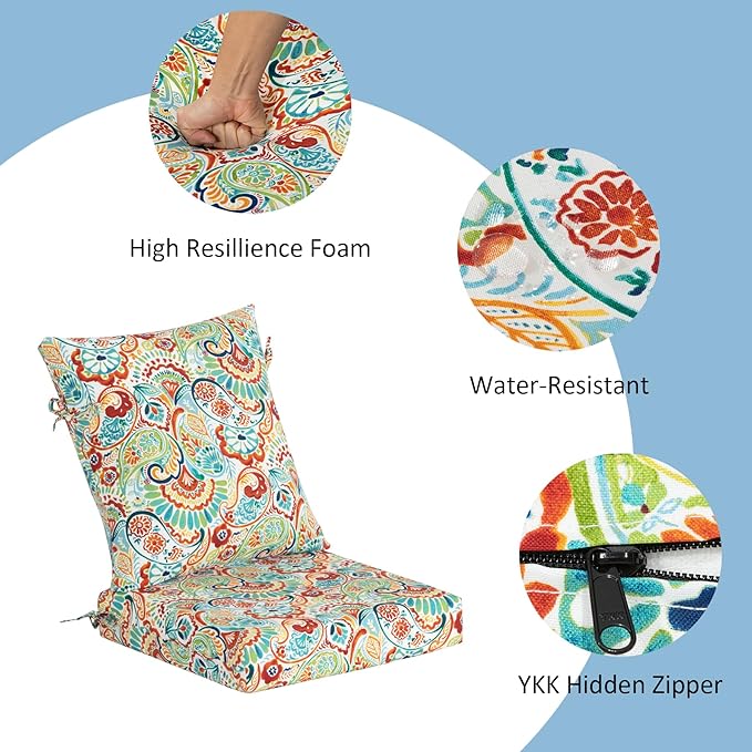 COZYVIDA Outdoor Dining Chair Cushion, Set of 2, 20" x 42",C0 Water-Resistant Breathable Polyester, UV-Resistant 1000+ Hrs, 30D Foam with Recycled Fiber Fill, YKK Zippers, Boho Paisley