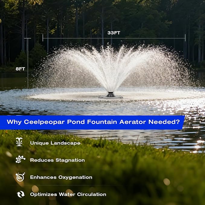 Stainless Steel Metal Pond Fountain Aerator, 1HP 110V 15000 GPH Fountain Pump, 100 FT Power Cord, Automatic Aerating Fountain Pump with Programmable Timer for Outdoor Large Ponds & Lakes