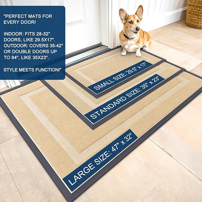 OLANLY Front Door Mat Indoor Outdoor Entrance, Waterproof All-Season, All-Weather Doormat, Sturdy Natural Rubber, Fade Resistant, Low Profile, Easy Clean Patio Porch Entryway Mat, 59x40, Beige
