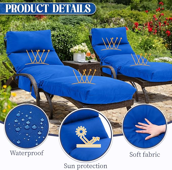 Kigley 2 Pcs Chaise Lounge Cushions, 77.9 x 20.5 x 4.7 Inch Outdoor Lounge Chair Cushions with Pocket, Thick Tufted Patio Recliner Replacement with Ties, Fade Resistant for Pool Furniture (Blue)