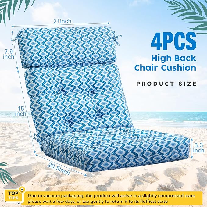Barydat 4 Pcs Tufted High Back Chair Cushion Indoor Outdoor Seat and Back Cushions Palm Leaves Tropical Plants Lawn Rocking Chair Pads with Ties for Adirondack Patio Garden(Blue Argyle)