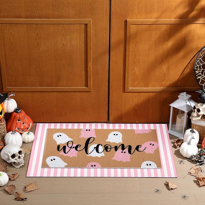 Tinideya 2 Pcs Halloween Door Mat Ghost Welcome Non Slip Coir Mats Pink White Stripe Floor Layering Doormats Seasonal for Front Porch Entryway Decor(Pink White Ghost)