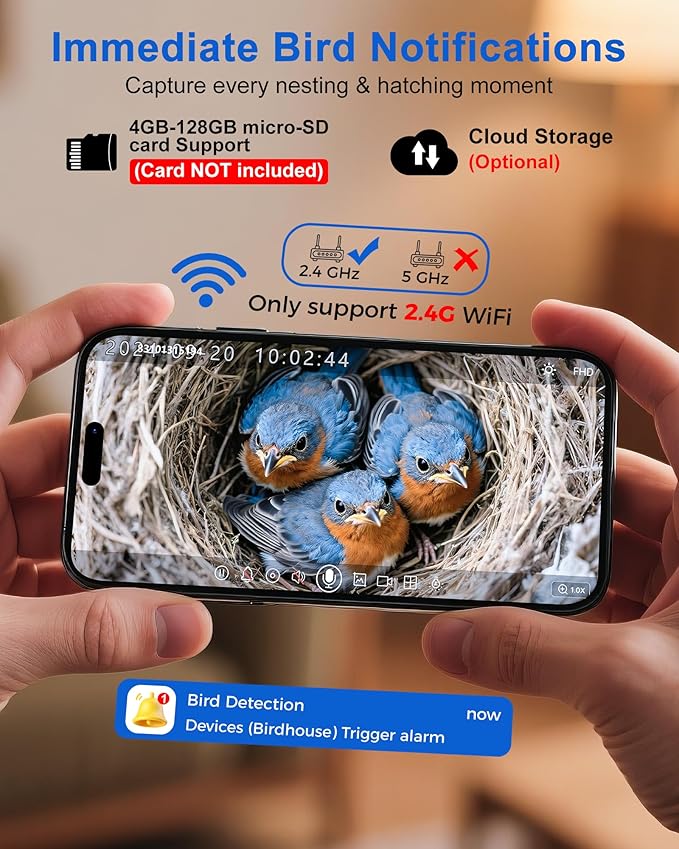 KinetCam Bird House with Camera Solar Powered, 2K HD Wi-Fi Bird Watching Cam for Birdhouse, Auto Detect & Notify, Night Vision, APP Control, Wooden Birdhouse with Camera Inside(Blue)