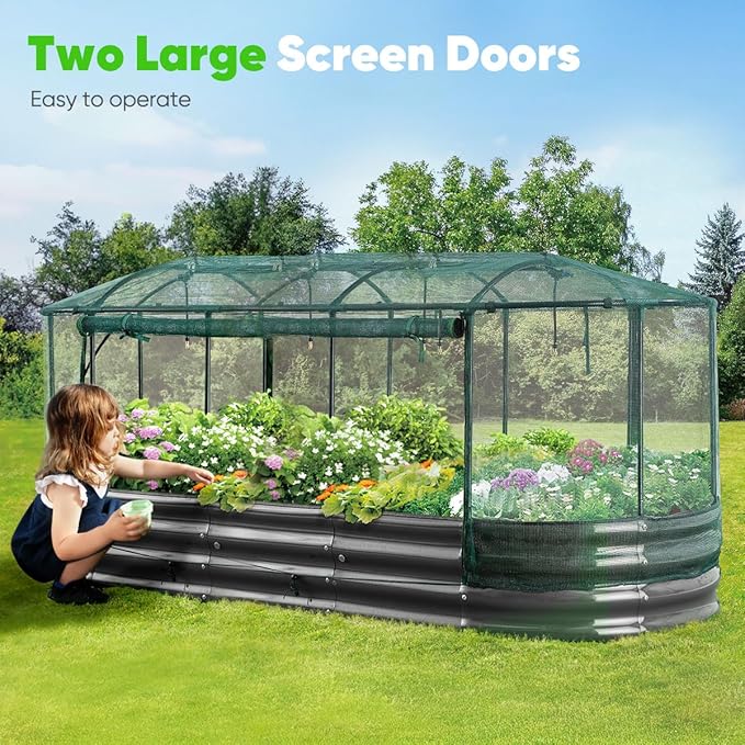 Quictent Galvanized Raised Garden Bed Kit with Self Watering System and Mesh Cover, Large Oval Metal Outdoor Planter Garden Boxes for Vegetables Herbs Flowers, 8x3x1Ft