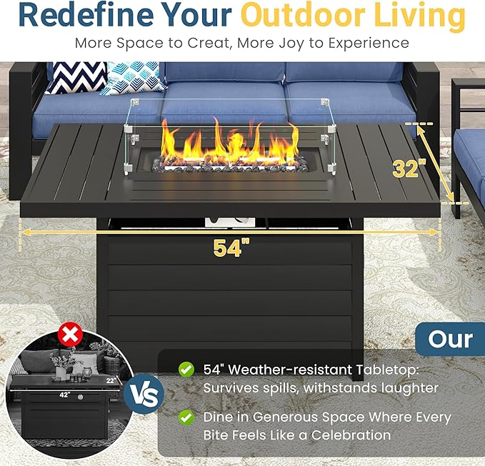 Wisteria Lane Aluminum Patio Furniture Set, 5 Seats Metal Outdoor Furniture Set with CSA Certified 54in Propane Gas Fire Pit Table, Patio Conversation Set with 5in Olefin Cover Cushions, Blue