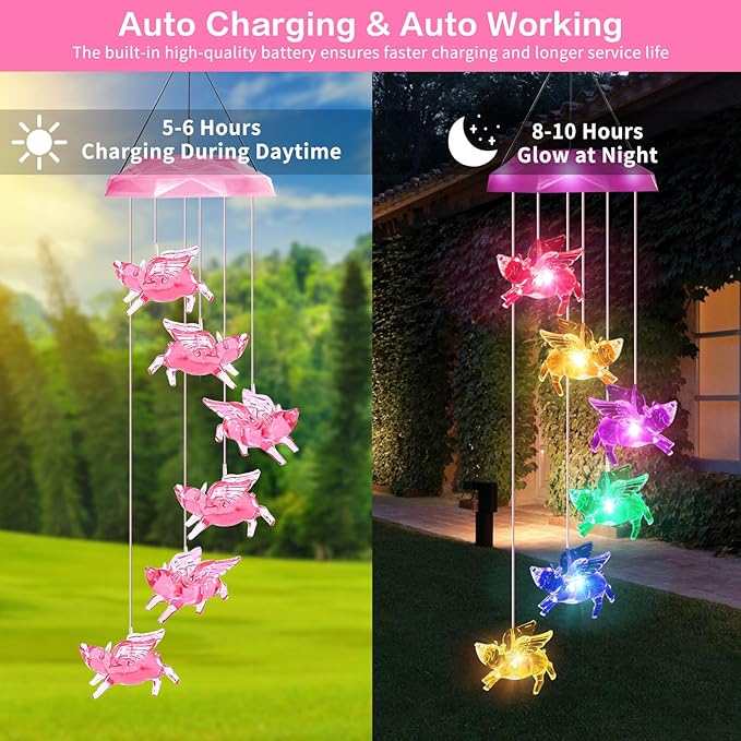 Solar Wind Chimes for Outside- Pig Wind Chimes Pink,7 Colors Changing Outdoor Waterproof Flying Pig LED Wind Bell, Patio Garden Yard Decor(Gifts for Dad,Mom, Women, Gardening Gifts)