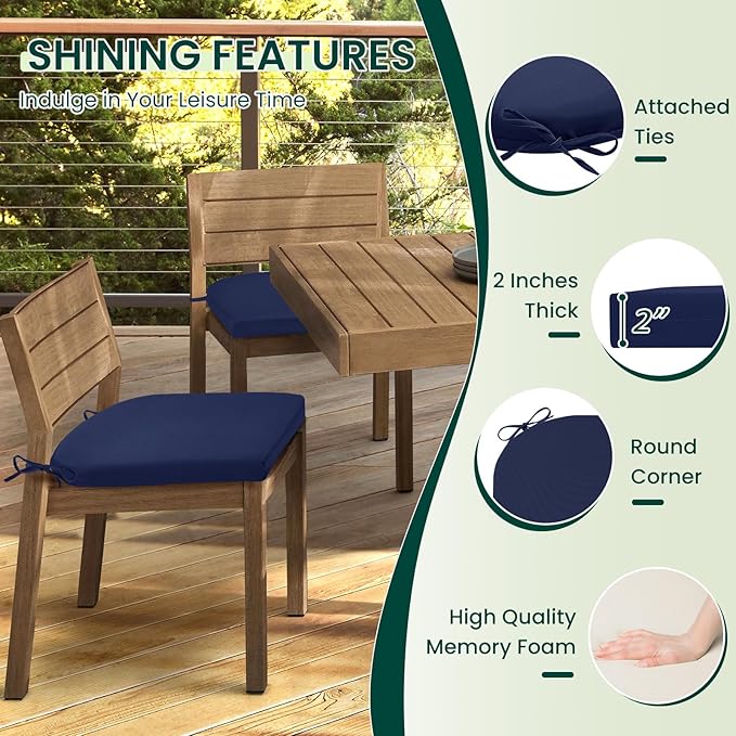 HARBOREST Outdoor Chair Cushions Set of 2, Water Resistant Patio Chair Cushions with Ties, Outdoor Seat Cushions for Patio Furniture, 17"x16"x2", Navy
