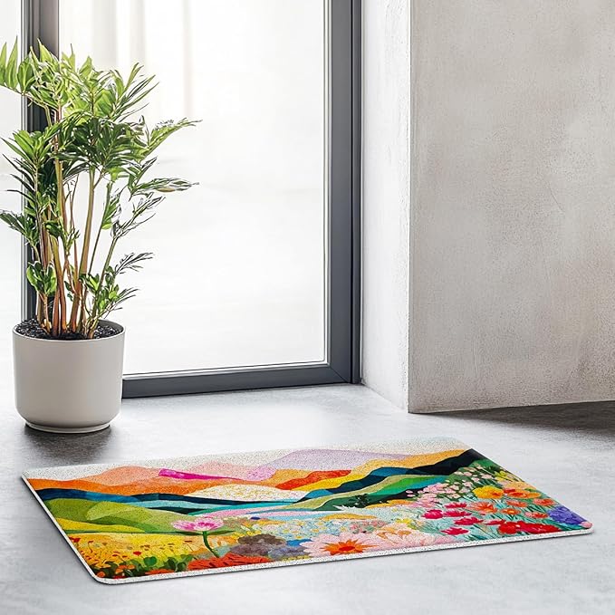 JINYO Abstract Boho Door Mat, Watercolor Boho Mountain Wildflowers Floral Door Mats for Front Door Porch Outdoor Indoor Entrance Entryway, Colorful Floral Bath Mat for Bathroom, 17x30 Inch