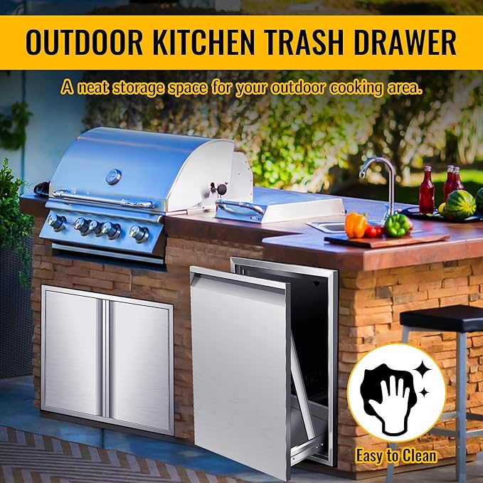 Built-in Single Trash Drawer 17'' W x 23'' H x 16'' D, Pull-Out Tray Outdoor Kitchen Stainless Steel with Handle Storage Bins or Propane Tank for BBQ Island Grill Station