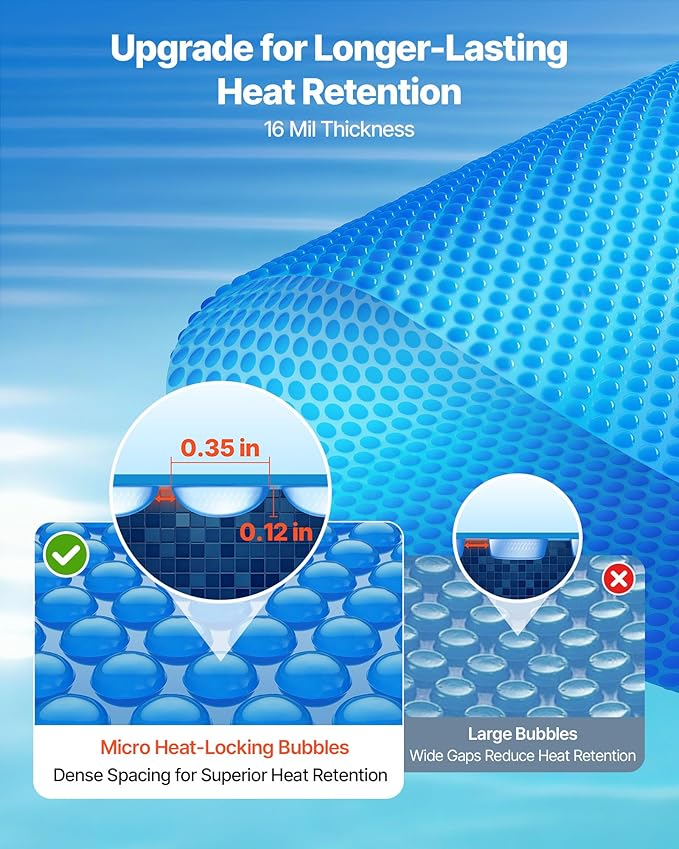 VEVOR Solar Pool Cover, 27 ft Round Pool Bubble Cover, 16 Mil Pools Solar Blanket with Bubble & PE Material, Daytime Heat Absorption, Nighttime Heat Retention, Heat Retaining Solars Covers, Blue