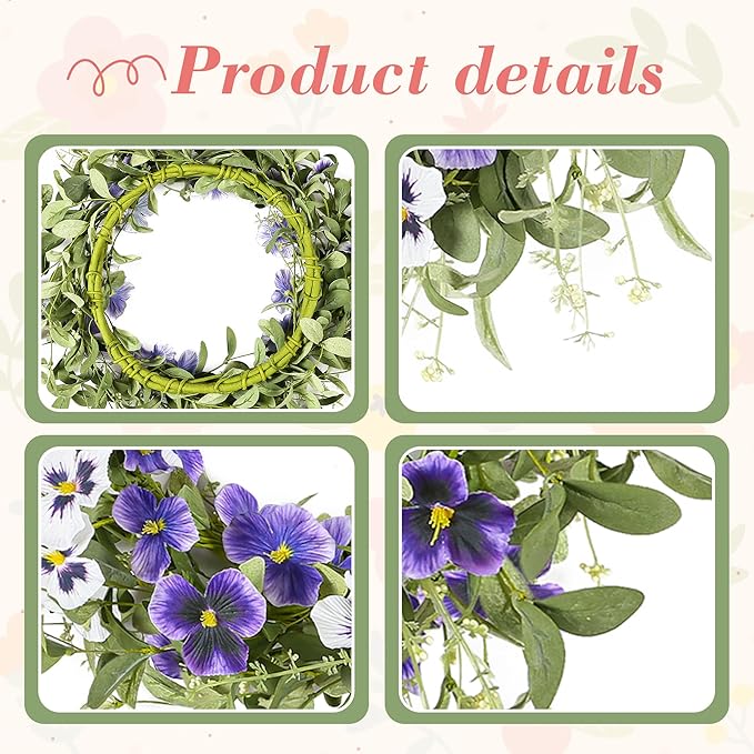 YNYLCHMX 18" Spring Summer Wreaths for Front Door, Artificial Floral Wreath with Purple Pansy Flowers Green Eucalyptus Leaves, Green Foliage Wreath for Wall Window Farmhouse Party Holiday Home Decor