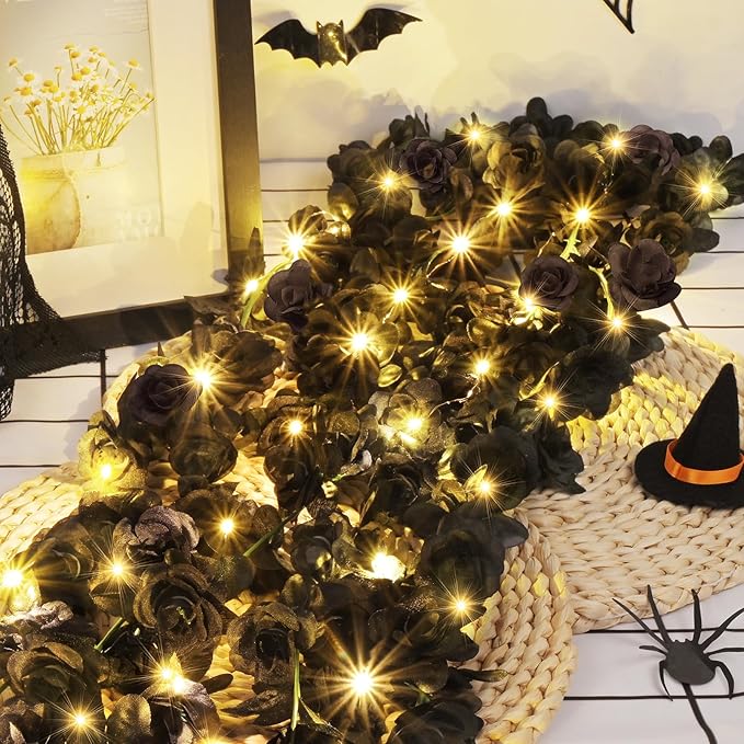 BLEUM CADE 5Pcs 41Ft Flower Garland Artificial Rose Vines with 32.8Ft String Lights, Cute Fake Hanging Flower Vines Floral Garland Decorations for Halloween Wedding Party Room Decor Aesthetic