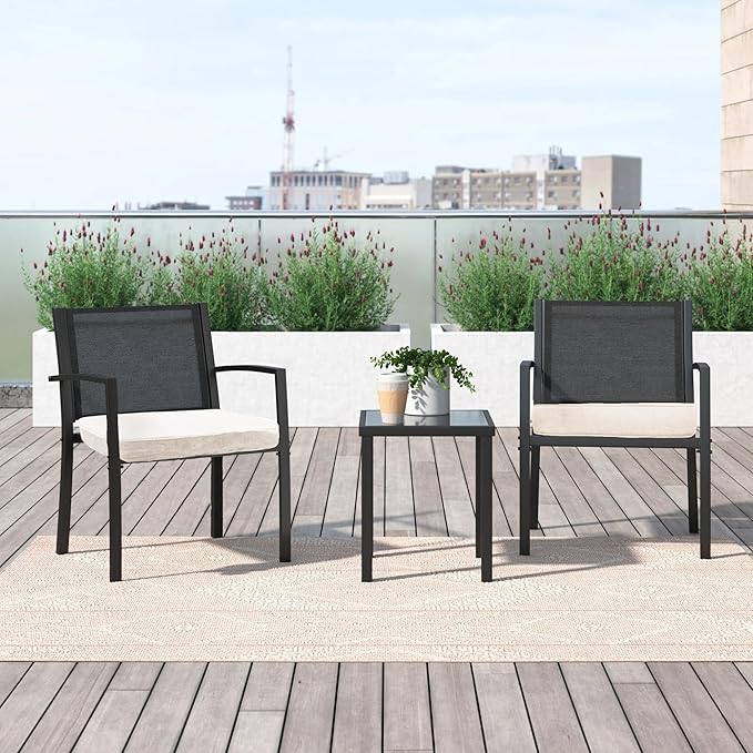 17"x 16"x 3" Patio Chair Cushions Set of 2, Waterproof Outdoor Chair Cushions, Patio Seat Cushion with Adjustable Ties, Beige