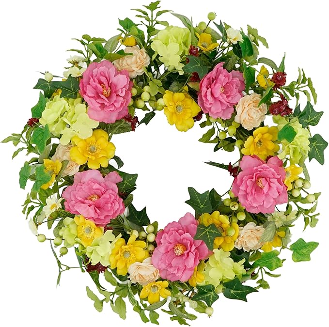 YNYLCHMX 18" Spring Summer Wreaths for Front Door, Artificial Floral Wreath with Peony and Eucalyptus Leaves, Green Foliage Wreath for Wall Window Farmhouse Party Holiday Home Decor