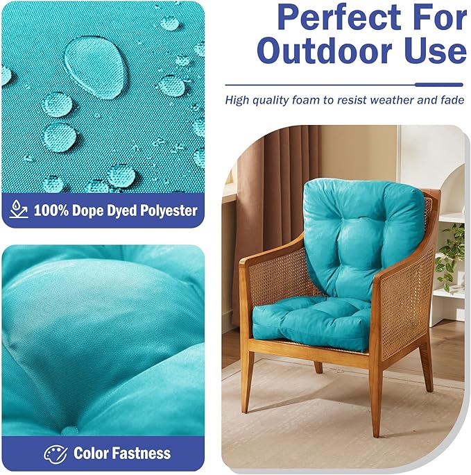 Outdoor Chair Cushions Set of 2, Patio Chair Cushions with Ties, 17x17+4” Tufted Outdoor Seat Cushions, Waterproof Patio Furniture Cushions, Outdoor Dining Chair Pads, Teal