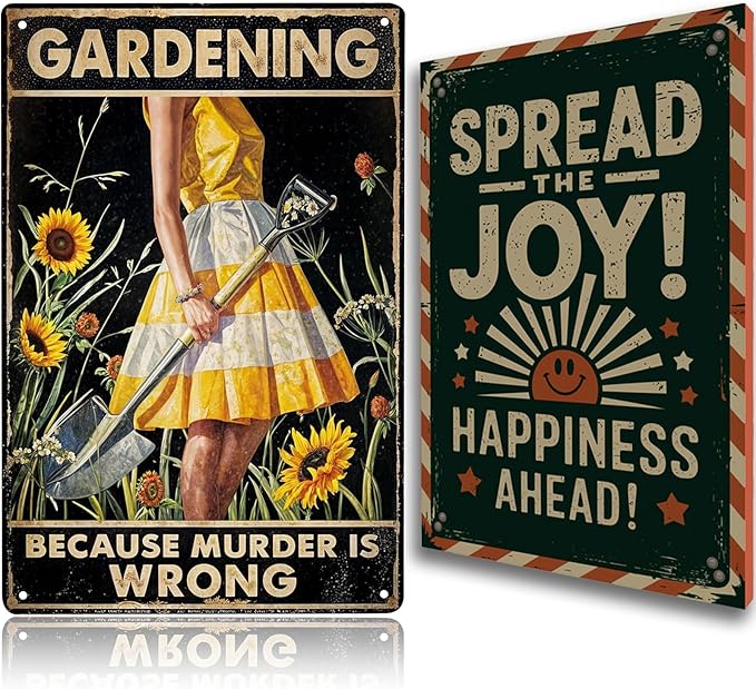 Funny "Gardening Because Murder Is Wrong" Metal Yard Sign: Vintage Garden Decor for Outside Patio, Porch, and Backyard, Women's Gifts for Plant Lovers, Outdoor Greenhouse Accessories