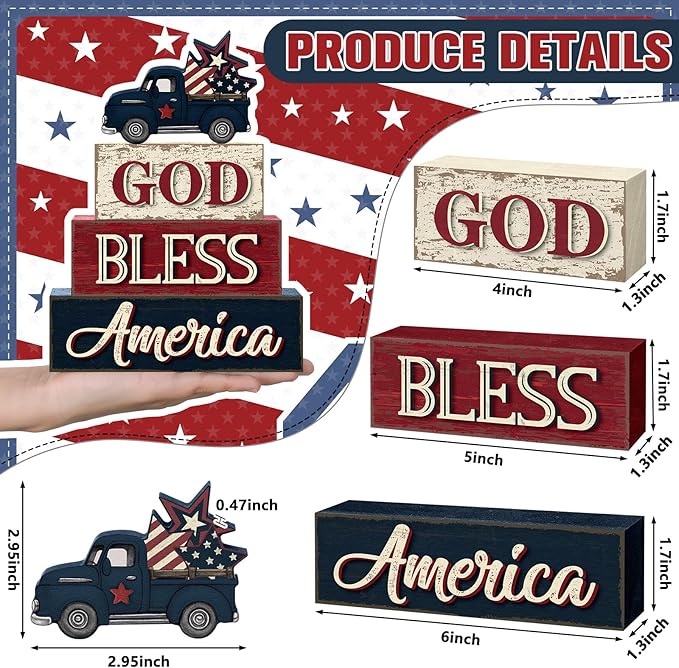 4 Pcs 4th of July Patriotic Table Decor Memorial Day Red White Blue Truck Wood Sign Rustic God Bless America Tabletop Centerpiece Block Independence Day Tiered Tray Decor for Home Office Shelf