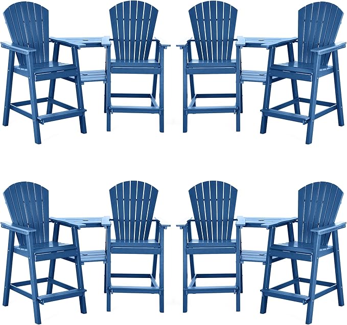Tall Adirondack Chairs Set of 8, HDPE Balcony Chair with Double Connecting Tray, Weather Resistant Outdoor Adirondack Bar Stools for Patio, Deck, Patio, Backyard, Balcony. (Navy Blue)