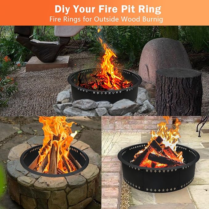 Fire Pit Ring 36 inch Fire Ring for Outside Fire Pit,Large Round Smokeless Firepit Insert,DIY Fire Rings for Outside Wood Burning Above or In-Ground Camping Firepit Ring for Outdoor Patio Yard Garden