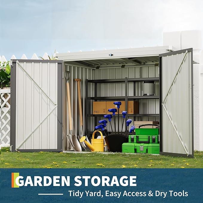 Outdoor Trash Can Storage Box with Lock Latch & Sloped Roof, Outdoor Storage Shed with Galvanized Steel Trash Bin Enclosure for Backyard, Patio & Garden Tool Organization