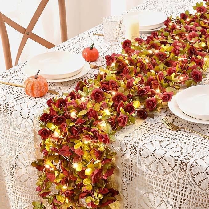 BLEUM CADE 5Pcs 41Ft Flowers Garland Artificial Rose Vines with 32.8Ft String Lights, Cute Fake Hanging Flower Vines Floral Garland Decorations for Wedding Party Wall Room Decor Aesthetic