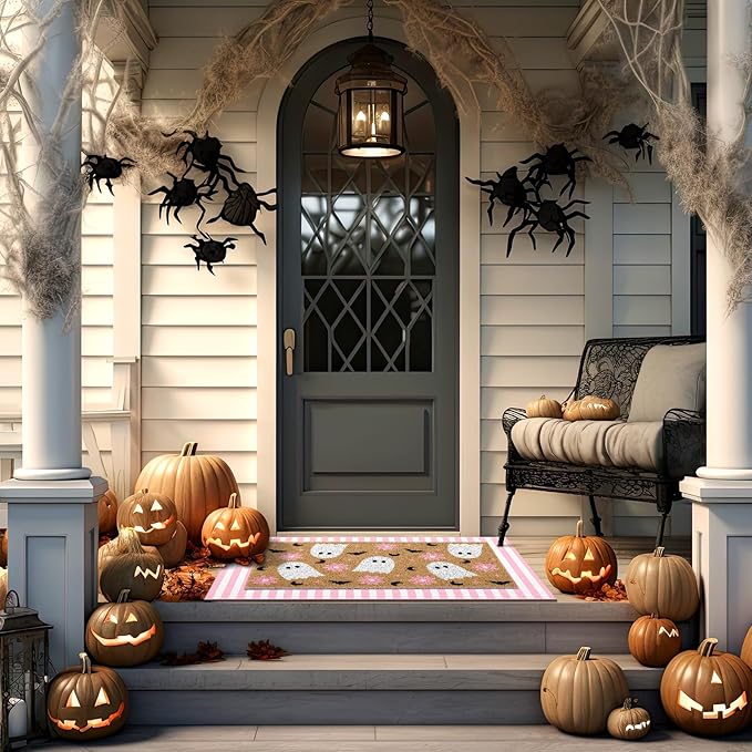 Tinideya 2 Pcs Halloween Door Mat Ghost Welcome Non Slip Coir Mats Pink Flower Cute Bat Stripe Floor Layering Doormats Seasonal for Front Porch Entryway Decor(Flower Ghost)