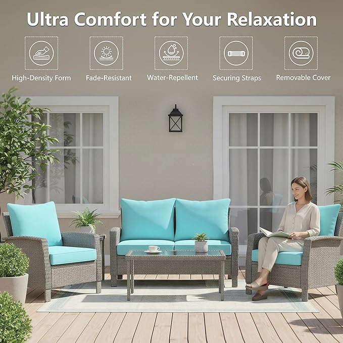 24x24 Inch Outdoor Chair Cushions Set of 4, Patio Furniture Cushions - Removable Cover, Water-Repellent, Fade-Resistant, Non-Slip Bottom & Straps, Replacement for Deep Seat Sofa & Couch - Light Blue