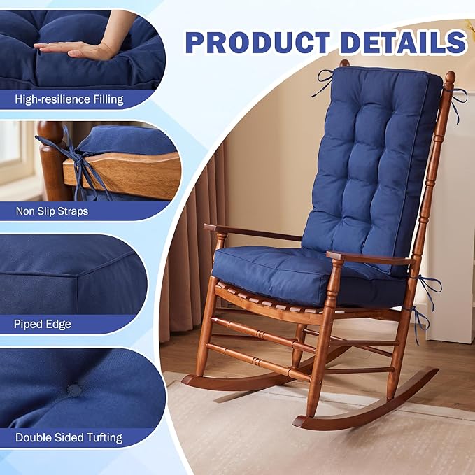 Rocking Chair Cushion, Waterproof and Fade-Resistant Patio Chair Cushions, Tufted Chair Pads for Rocker Furniture, 18x18 Inch, Indoor/Outdoor Seat Cushions with Ties, Navy Blue