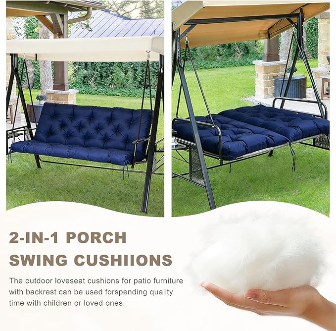 Porch Swing Cushion with Backrest,Waterproof Bench Cushion for Outdoor Furniture,2-3 Seater Replacement Thickened Swing Cushion with Ties,Patio,Outdoor,Backyard and Garden (Navy Blue,40x40)