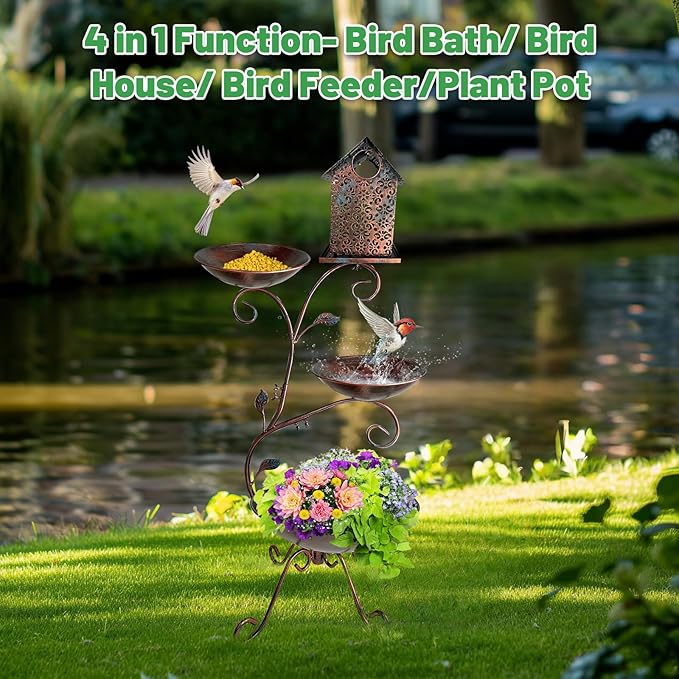 HONGLAND Bird Bath for Outside, 37" Antique Brass Metal Bird Bath Outdoors with Solar Lights, 4-in-1 Rust-Resistant Bird Feeder and House Combo, Detachable Flower Pots for Garden Yard Patio Decor