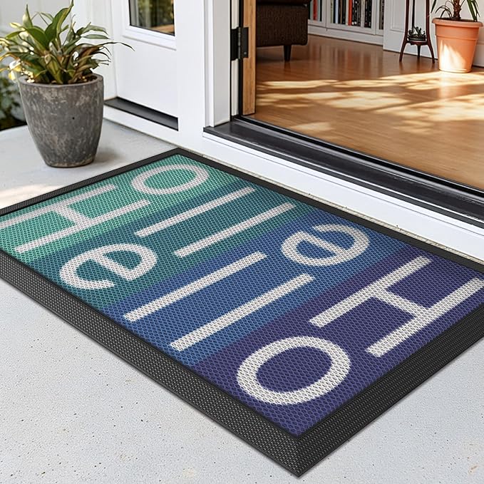 LUMI Outside Welcome Door Mat 24x36, Non Slip Durable Rubber Entrance Doormat, Low Profile Easy Clean Mats for Front Back Door Entryway Porch Garage, Hello Multi