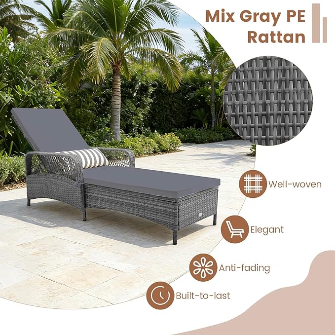 Tangkula Wicker Chaise Lounge Outdoor, Patio Rattan Reclining Chaise with 6-Gear Adjustable Backrest, Thick Padded Cushion & Removable Lumbar Pillow, Pool Lounge Chairs (1, Mix Grey + Grey)
