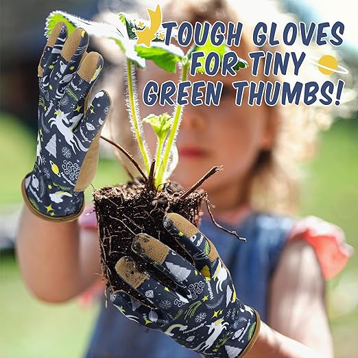 HANDLANDY 2 Pairs Kids Genuine Leather Gardening Gloves for ages 3-11, Children Toddler Work Outdoor Playing Gloves for Boys Girls Gift (Medium (for age 5-7), Blue)