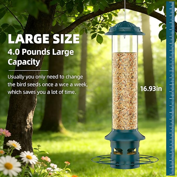 Metal Squirrel Proof Bird Feeders for Outdoors Hanging 4.0 LB Large Capacity,Easily Beat Squirrels,Easy to Clean and Fill,Waterproof,Attracting Finch,Cardinal,Chickadee,Christmas Birds Gifts