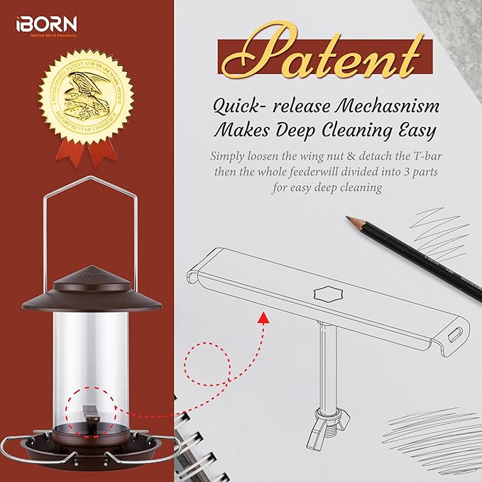 iBorn Bird Feeder Metal Squirrel Chew-Proof Bird Feeders for Outdoors Hanging for Cardinal Outside, Holds 1.5LB Seed with 3 Perchs, Bronze (Seed is not Included)
