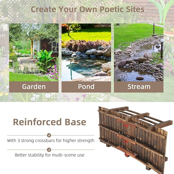 Wood Garden Bridge Classic Wooden Arch Stained Finish Footbridge with Safety Railings, 530 lbs Capacity, Decorative Pond Bridge Landscaping for Outdoor Yard Farm Garden Creek Ponds, Carbonized