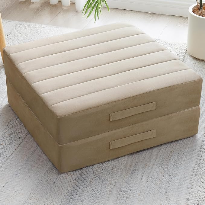 2 Pcs High Density Foam Floor Pillow - Upgraded Large Pillows Seating for Adults - Outdoor Floor Cushion with Soft Tufted Cover - Yoga Pillows for Sitting On Floor - 22 Inch Khaki