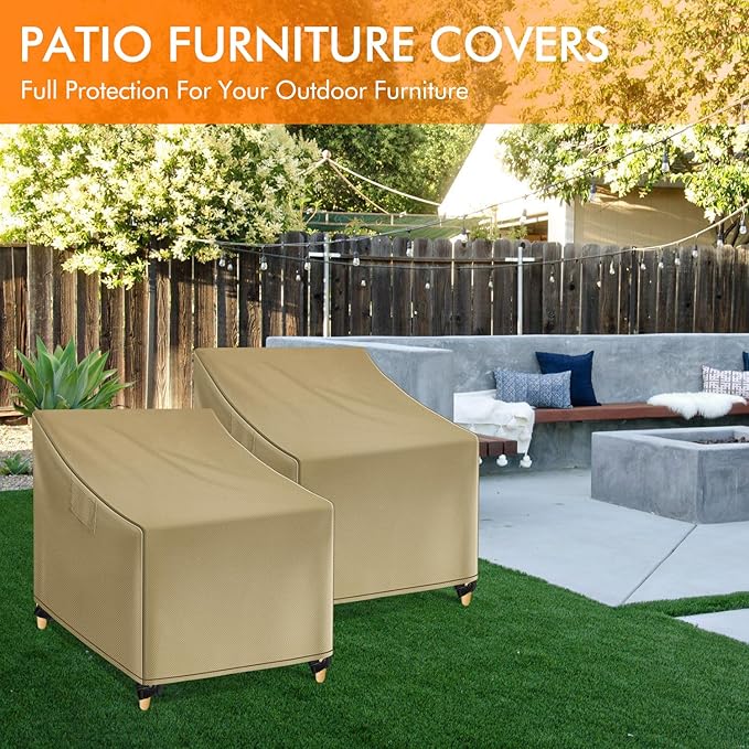 WLEAFJ Outdoor Chair Covers Waterproof, Khaki Lawn Patio Furniture Covers, Heavy Duty Wicker Garden Sofa Chair Cover, 2 Pack - 31.5" W x 33.5" D x 36" H