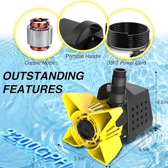 3200GPH Pond Pump, 200W Submersible Water Pump with 33FT Power Cord & Barrier Bag, 2 Hose Adapters, 20FT. Lift Height for Garden Ponds, Fountains, Waterfalls, Water Circulation (Yellow)